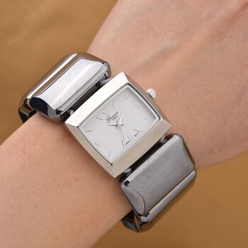 GENOA Terahertz Armbanduhr - Japanisches Uhrwerk, Legierungsgeh&auml;use, Stahlplattierung, Wei&szlig;es Zifferblatt, 9 Terahertz-Steine im Elastikarmband, Wasserresistent, 30x27,8?mm, Silber, ca. 430?ct