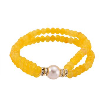 Wei&szlig;e Muschelkernperle (9-11 mm) Armband mit Gelbem Quarzit und Wei&szlig;em Kristall, flexibel, Goldfarben