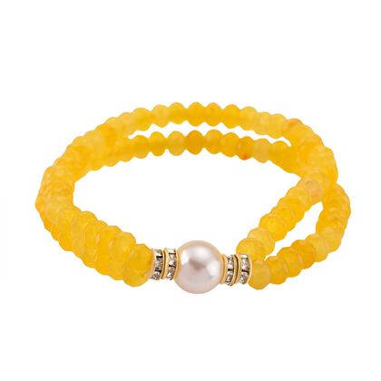 Wei&szlig;e Muschelkernperle (9-11 mm) Armband mit Gelbem Quarzit und Wei&szlig;em Kristall, flexibel, Goldfarben