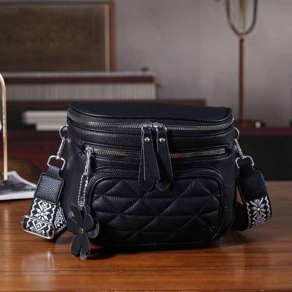 PU Crossbody Tasche mit gemustertem Riemen, 22x8x19cm, Schwarz image number 2