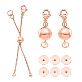 9 teiliges 316L Edelstahl Schmuckset, 1 Bolo Schieber, 2 Magnetverschluss Kugeln, 6 Ohrstopper, Roséfarben