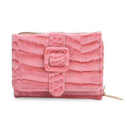 Life style Color:Pink embossed Crocdile /Profile:Wallet With RFID wall(exterior):PU   Lining(interior): polyester; Pockets(exterior):Zipped-1;Button-1,Pockets(interior)