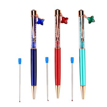 "Set of 3 artificial Ballpoint Pen material:Aluminum alloy +Plastic,   Color: Peacock blue,bright red,transparent blue black ink Pen barrel without carve  The box is printed with the logo"