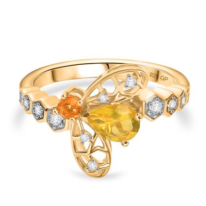 Kanarischer Opal, Feueropal Ring 925 Silber 750 Gelbgold Vermeil (Gr&ouml;&szlig;e 17.00) ca. 0,68 ct
