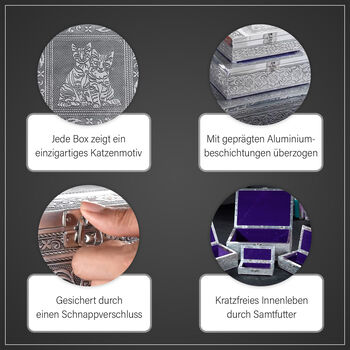 4er Set - Teakholzboxen Schmuckbox, Katzen-Pr&auml;gung