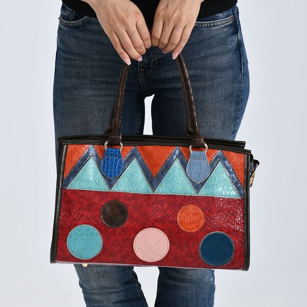 "Chaos by Elsie Genuine Leather Crossbody Bag with RFID Color: red Embossed crocdile shining rhomboid pattern Size:36*15*25cm           Wall: Genuine Leather Lining: Polyester                Exterior:zipped-2, Interior:zipped-2 , slip-2   with 1 Long stra image number 4