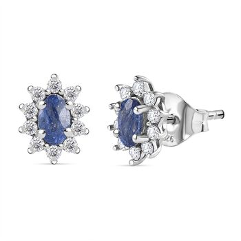 Masoala Saphir (Fissure gef&uuml;llt), Wei&szlig;er Zirkon Ohrringe 925 Silber platiniert ca. 1.05 ct