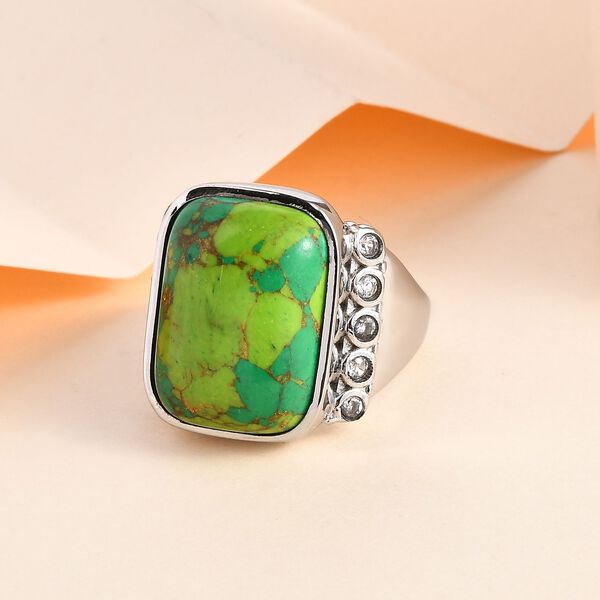 Gr&uuml;nes T&uuml;rkis, Wei&szlig;er Zirkon Ring, Edelstahl (Gr&ouml;&szlig;e 16.00) ca. 10.98 ct image number 2