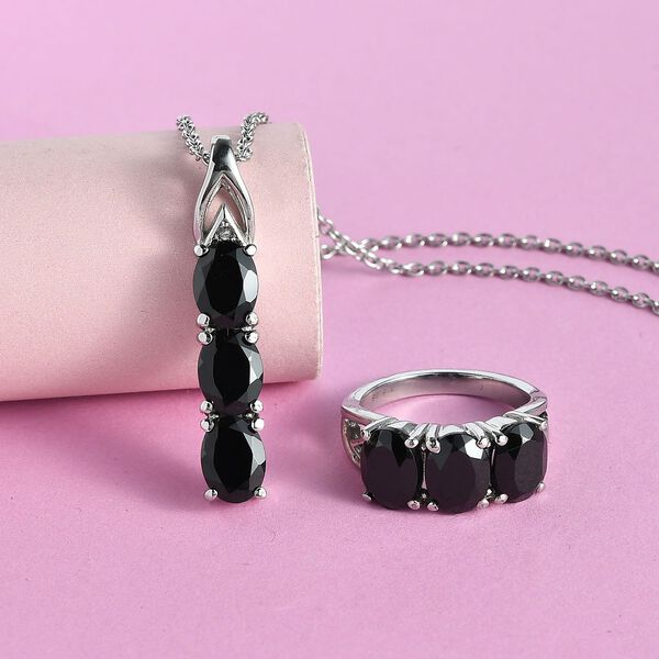 2er Set - Schwarzer Spinell Anh&auml;nger mit Kette und Ring, Edelstahl ca. 10.12 ct image number 2