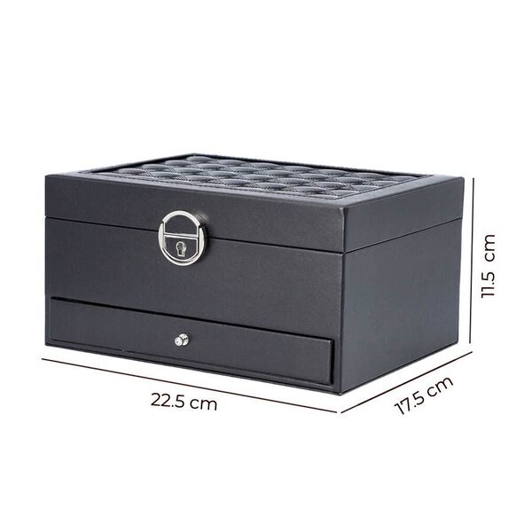 3-lagiges PU-Leder-Schmuckk&auml;stchen, herausnehmbare Elemente und Schloss, kariertes Steppmuster, schwarz image number 4