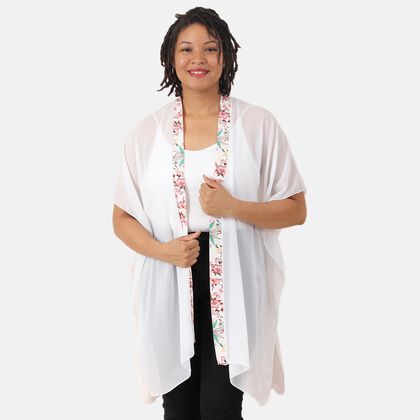 Chiffon Kimono mit bedruckter Bordüre, Weiß
