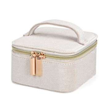 Samt-Schmuckbox mit 4 transparenten Schmuckbeuteln, 12x12x7 cm, Cr&egrave;me