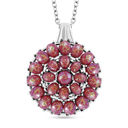 Simuliertes Rotes Opal Anh&auml;nger mit Kette ca. 50 cm + 5 cm Extender, 316L Edelstahl