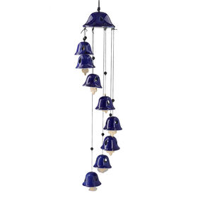 Handgefertigtes Keramik-Windspiel mit 8 handgemalten Glocken, 11 x 80 cm Lang, blau