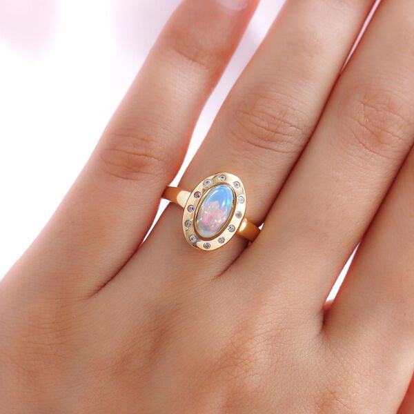 Natürlicher, äthiopischer Opal und weißer Zirkon-Ring, 925 Silber vergoldet  ca. 1,17 ct image number 3
