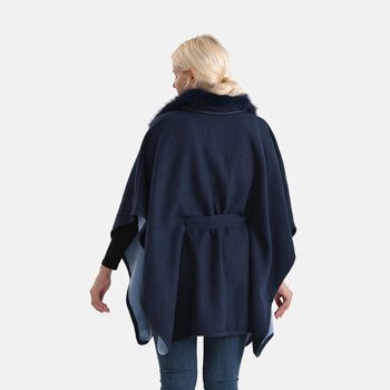 LA MAREY - Poncho mit Kunstfellkragen und G&uuml;rtel, One Size, Blau