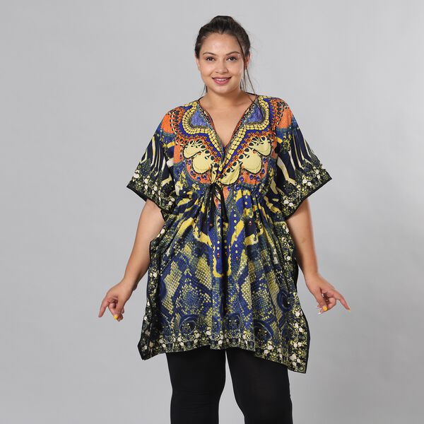 V-Ausschnitt bedruckter Kaftan, Einheitsgr&ouml;&szlig;e Blaugr&uuml;n