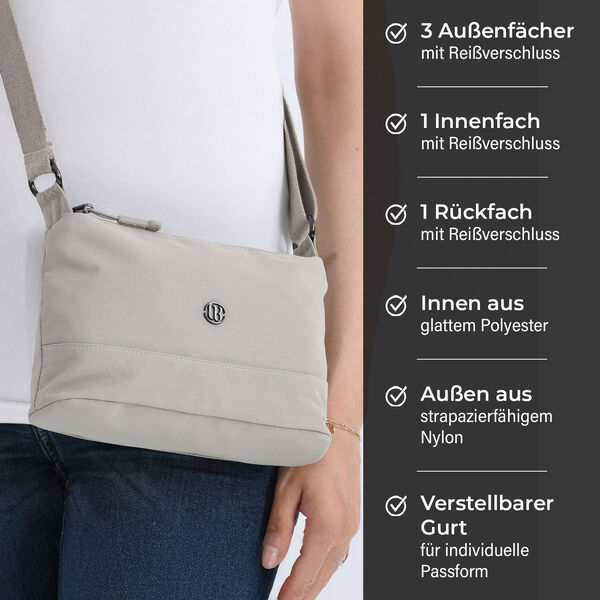 Nylon Crossbody Tasche mit Reißverschlussfächern, verstellbarem Schulterriemen, Hellgrau image number 3