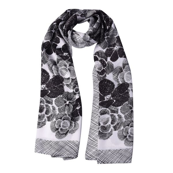 LA MAREY: Bedruckter Schal aus 100% Maulbeerseide, Blumenmuster, inkl. Geschenkbox, Schwarz-Grau&nbsp; image number 3