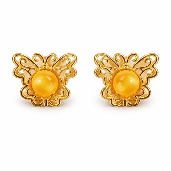 Nat&uuml;rlicher Baltischer Butterscotch-Bernstein Schmetterling Ohrringe 925 Silber Gelbgold