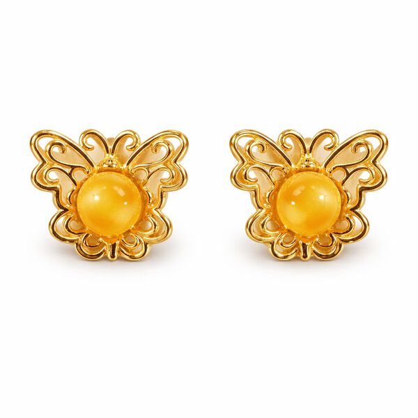 Nat&uuml;rlicher Baltischer Butterscotch-Bernstein Schmetterling Ohrringe 925 Silber Gelbgold