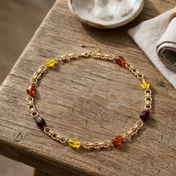 Simulierte Mehrfarbige Bernstein Halskette ca. 50 cm + 5 cm Extender, goldfarben image number 2
