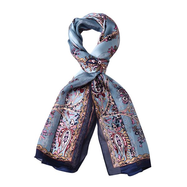 LA MAREY: Bedruckter Schal aus 100% Maulbeerseide, Schnörkel-Blumenmuster, inkl. Geschenkbox, Blau-Rosa image number 3