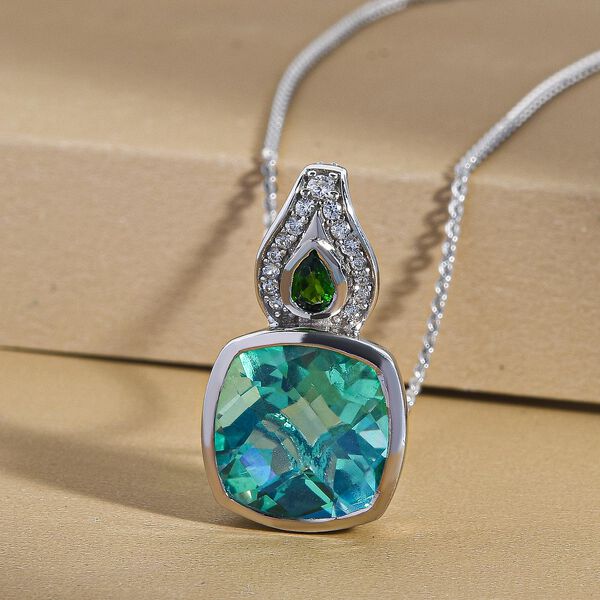 Pfau Triplett Quarz und nat&uuml;rlicher Chromdiopsid-Anh&auml;nger mit Kette, 925 Silber platiniert ca. 5,94 ct image number 3