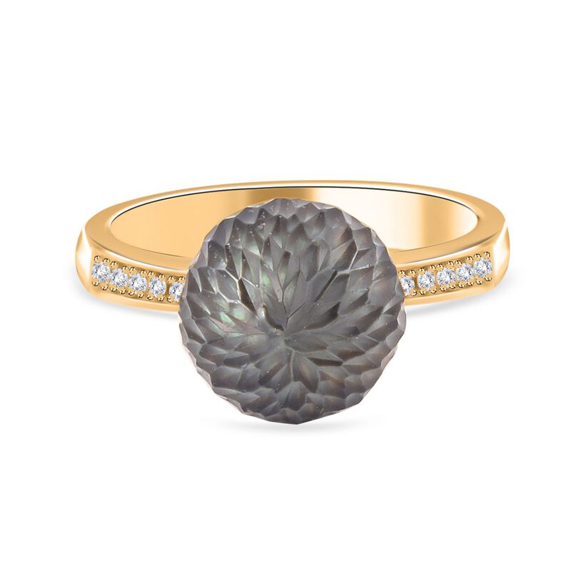 Handgeschnitzter 11-12mm Tahiti-Perle und Zirkon-Ring, 925 Silber Gelbgold Vermeil - 0,13 ct. image number 0