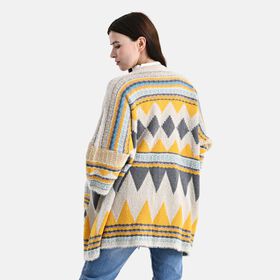 Cardigan mit grafischem Rautenmuster und Taschen, Einheitsgröße, Sonnengelb