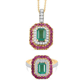 D’Joy AAA Kagem sambischer Smaragd, Mosambik Rubin und Moissanit Ring und Anhänger mit 50cm Kette