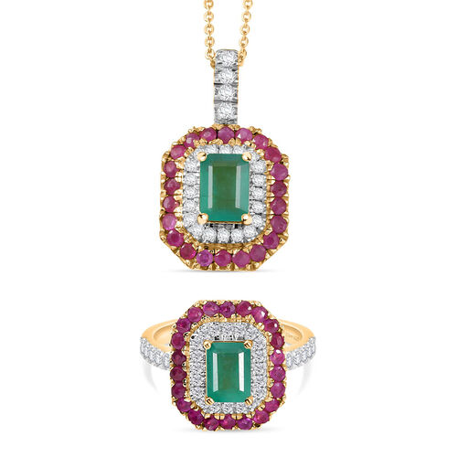 D’Joy AAA Kagem sambischer Smaragd, Mosambik Rubin und Moissanit Ring und Anhänger mit 50cm Kette image number 0