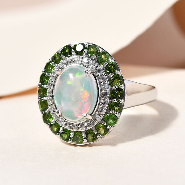 Nat&uuml;rlicher, &auml;thiopischer Opal und nat&uuml;rlicher Chromdiopsid Halo-Ring, 925 Silber platiniert  ca. 2,41 ct image number 2