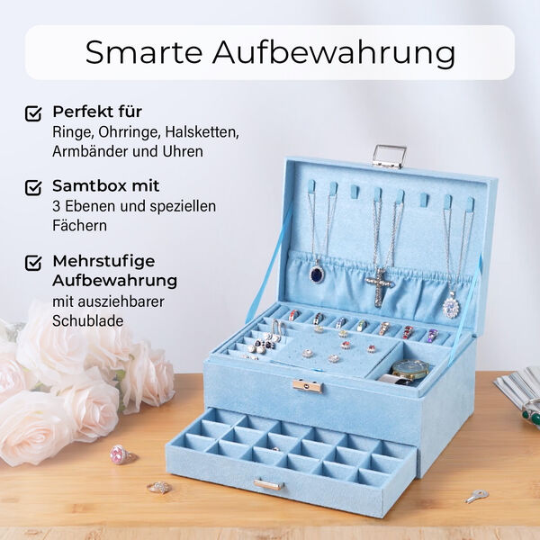 3-schichtige Schmuckbox aus Samt mit 5 Silberputztüchern in Blau, 24,5x17x11,5cm image number 3