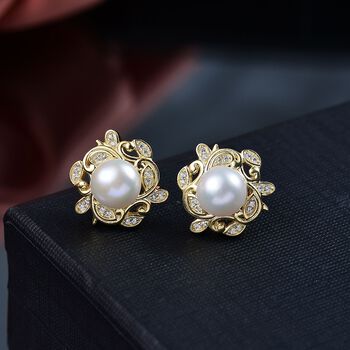 S&uuml;&szlig;wasser Perle (7-7.5 mm), Wei&szlig;er Zirkon Ohrringe, Messing