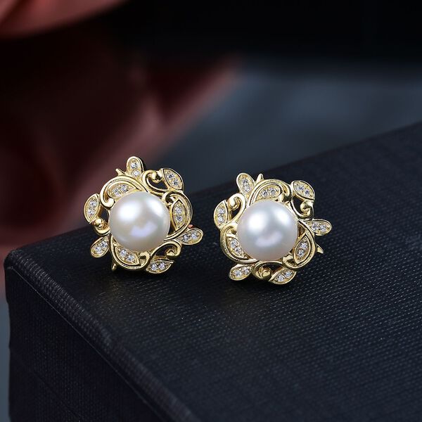 Süßwasser Perle (7-7.5 mm), Weißer Zirkon Ohrringe, Messing image number 2