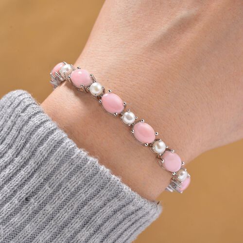 D'Joy Natürlicher Rosa Königsmuschel Perle, Weiße Süßwasser Perle Armband ca. 20 cm 925 Silber rhodiniert image number 1