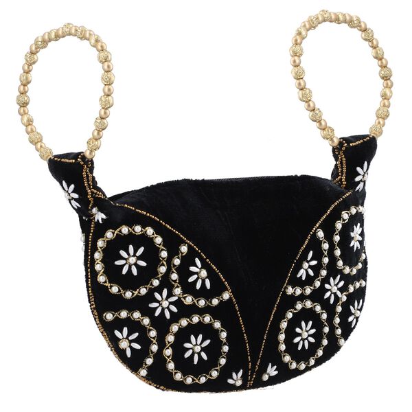 Handgefertigte Gl&uuml;ckskekstasche aus Samtbrokat mit Perlen, schwarz image number 3