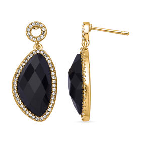 Schwarz gefärbter Achat, weiße Zirkonia Ohrringe, ca. 13.00 ct