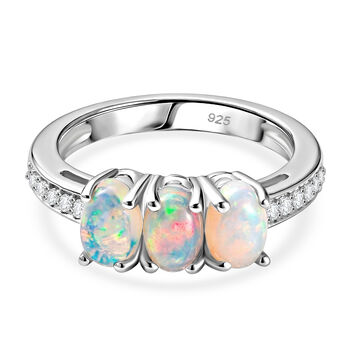 Nat&uuml;rlicher &Auml;thiopischer Opal und Zirkon 3 Stein Ring 925 Silber platiniert (Gr&ouml;&szlig;e 20.00) ca. 0,93 ct