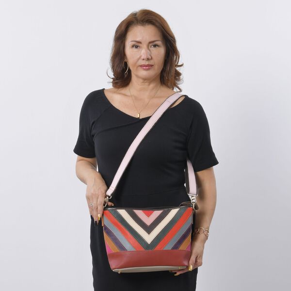 CHAOS BY ELSIE - Umhänge-Patchworktasche aus 100% echtem Leder mit Streifenmuster, 25x11x22 cm, V-Muster, glattes Leder image number 2