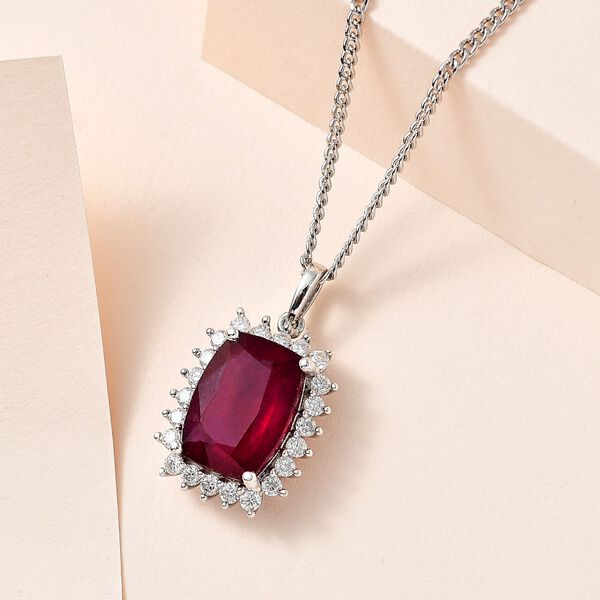 AAA afrikanischer Rubin und Moissanit-Halo-Anh&auml;nger mit Kette in Silber image number 2