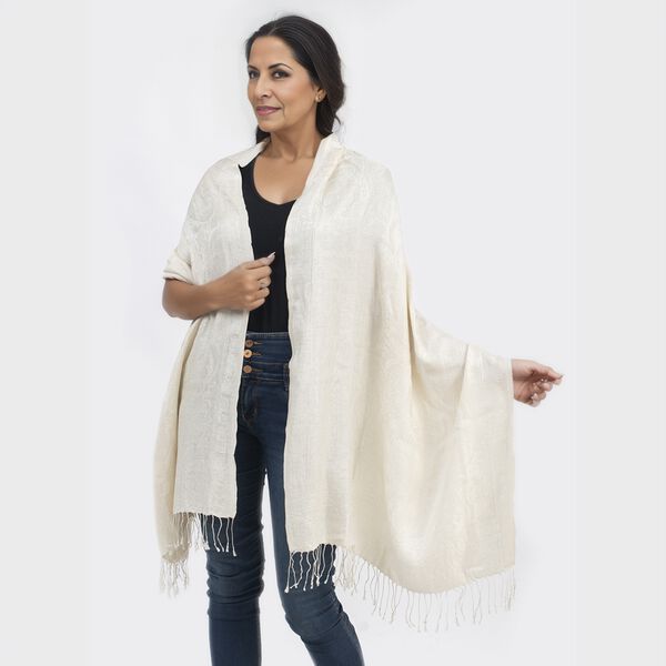 Premium Kollektion - gewebter Schal, 100% Natur Seide, Jamawar Design, 68x190 cm, Elfenbein image number 2