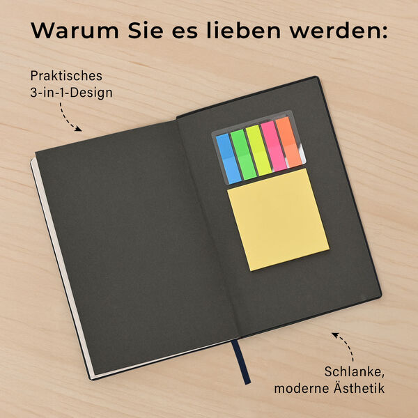 Notizbuch-Set, Dunkelblau, 2 Gr&ouml;&szlig;en, PU-Einband, Metallstift, Geschenkbox Schwarz image number 4