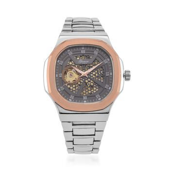 GENOA - Automatikuhr mit Skelett-Design, Edelstahlarmband, 3ATM wasserdicht, Graues Zifferblatt, bicolor, ca. 22 cm