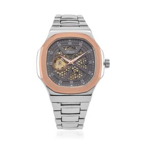 GENOA - Automatikuhr mit Skelett-Design, Edelstahlarmband, 3ATM wasserdicht, Graues Zifferblatt, bicolor, ca. 22 cm