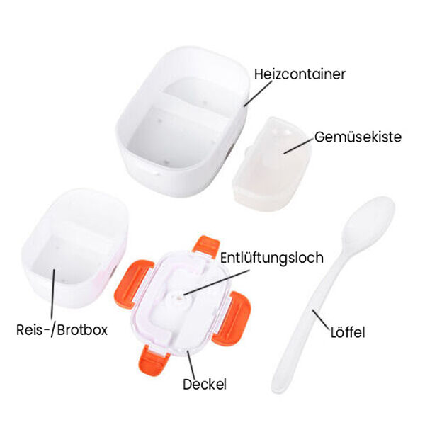 Beheizbare Lunchbox, Orange
Material:PP 
Größe:23.5*16.5*10.5cm(1.05L)9.25*6.49*4.13INCH
Color:White+orange
rating:50W
voltage:110V
2 pin UL plug power cable:100cm
 image number 3