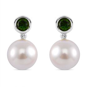 Weiße Muschelkernperle, Natürlicher Chromdiopsid Ohrringe 925 Silber platiniert