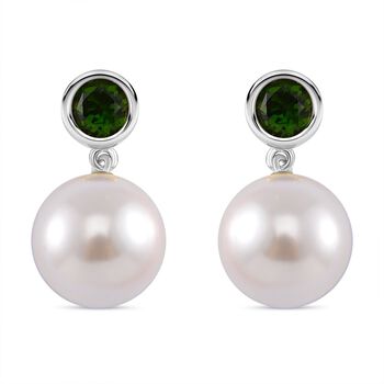 Wei&szlig;e Muschelkernperle (12 mm), Nat&uuml;rlicher Chromdiopsid Ohrringe 925 Silber platiniert