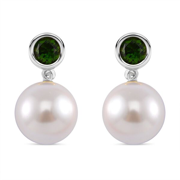 Wei&szlig;e Muschelkernperle (12 mm), Nat&uuml;rlicher Chromdiopsid Ohrringe 925 Silber platiniert